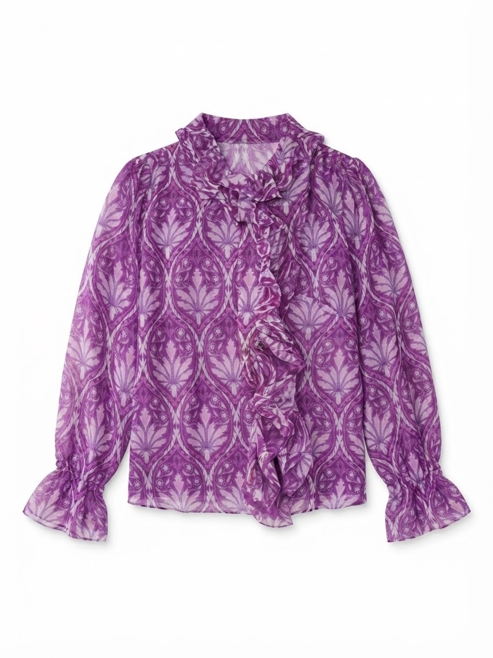 Talbots Purple Ruffle-Front Printed Blouse